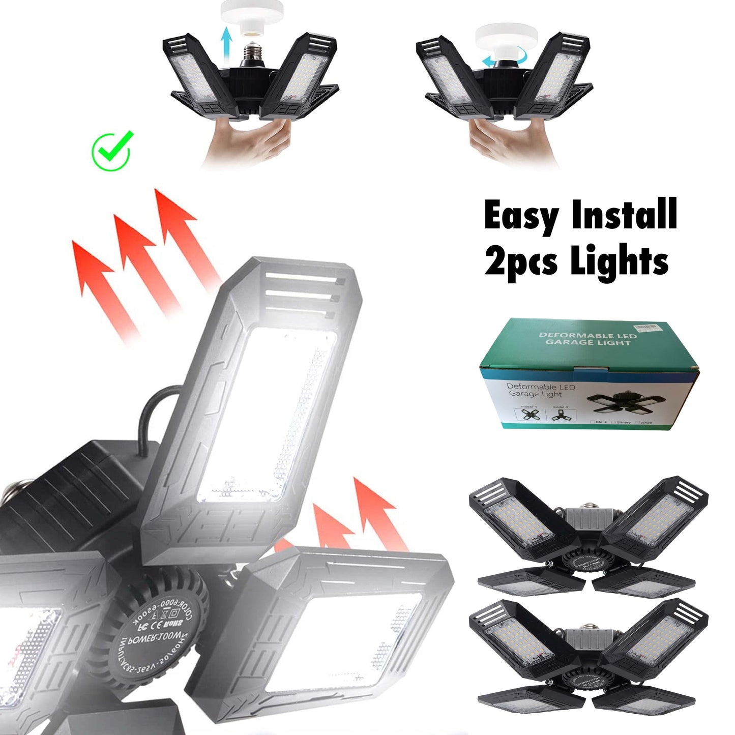 F - 2 Packs 100W Deformable LED Garage Light Lamp panel lighting 360 degree lights