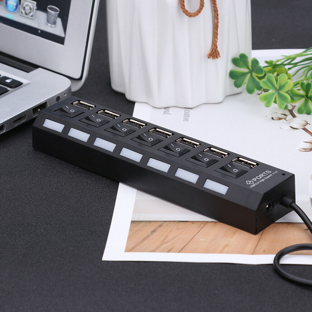 N - 7 Ports High Speed USB 2.0 Hub Splitter Adapter Expander Multi USB With On/Off Switch For Windows PC