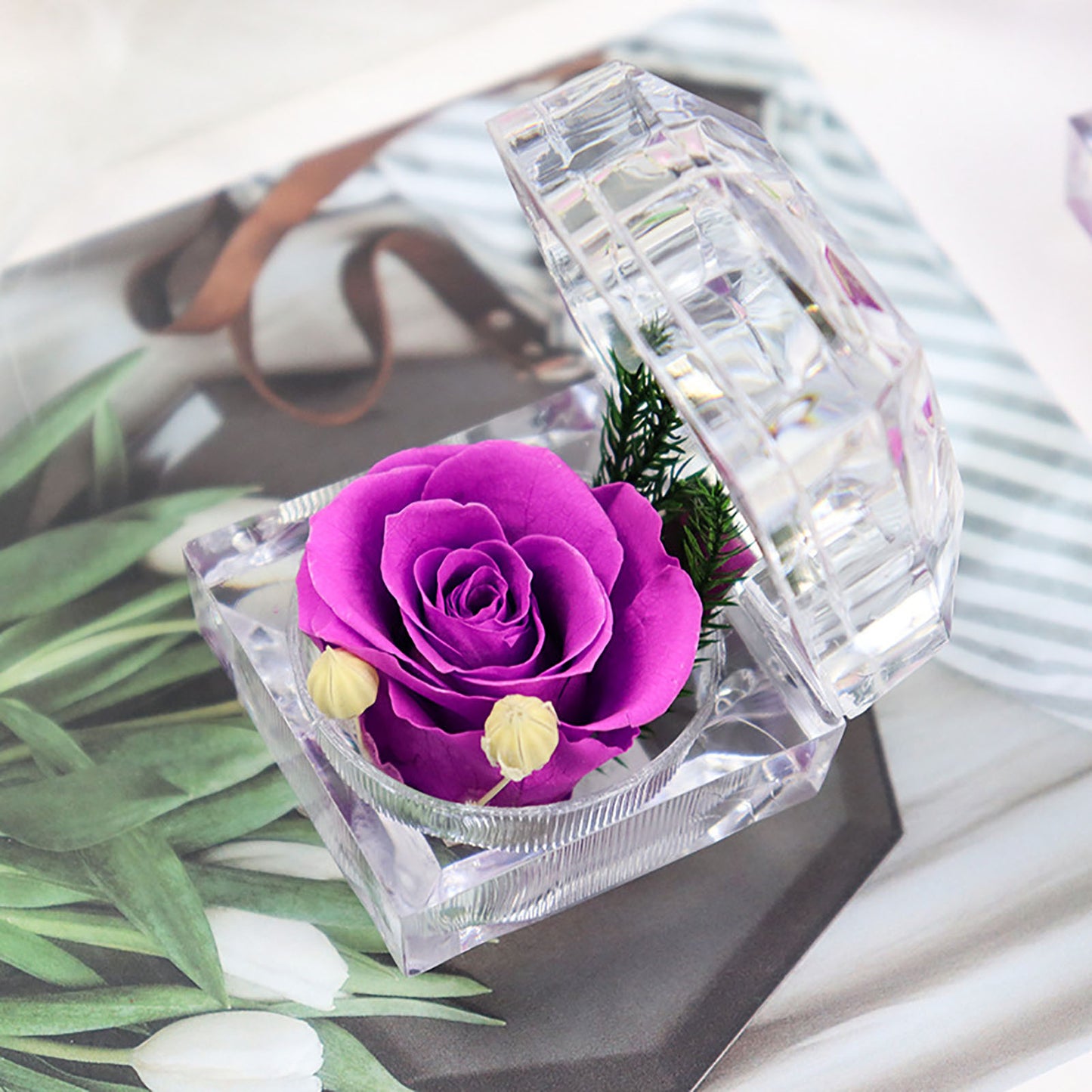 N - Real Rose Crystal Ring Box Preserved Flower Gift