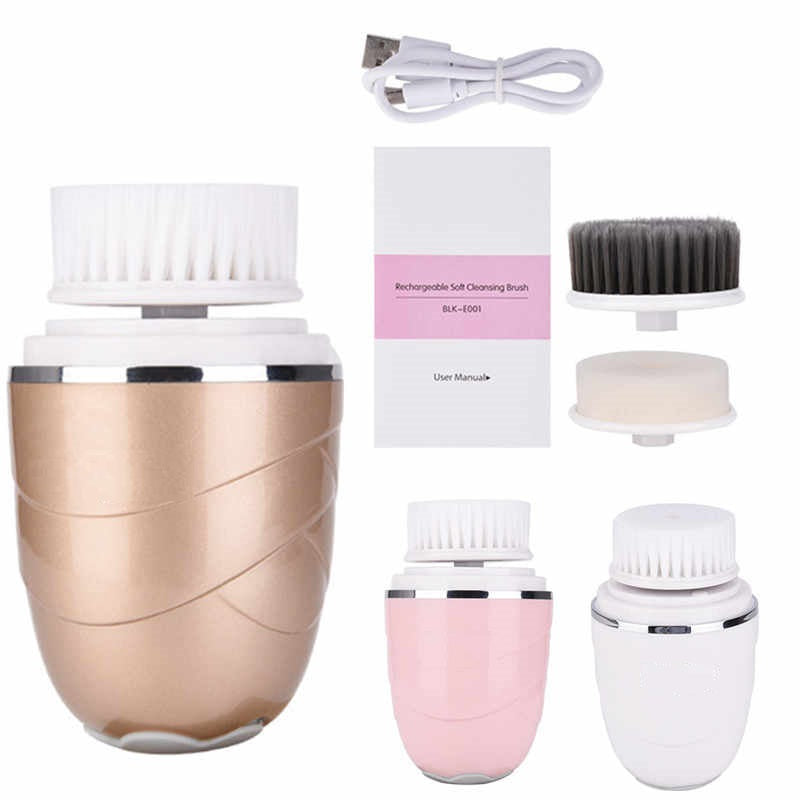 A - 3 in 1 Face Cleansing Rechargeable Rotating Brush Exfoliator Spin Facial Set Gold Pink Rose White