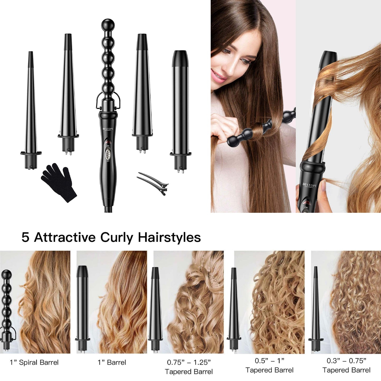 A - BESTOPE Professional 5-In-1 Hair Curling Wand Tourmaline Ceramic Interchangeable Barrels