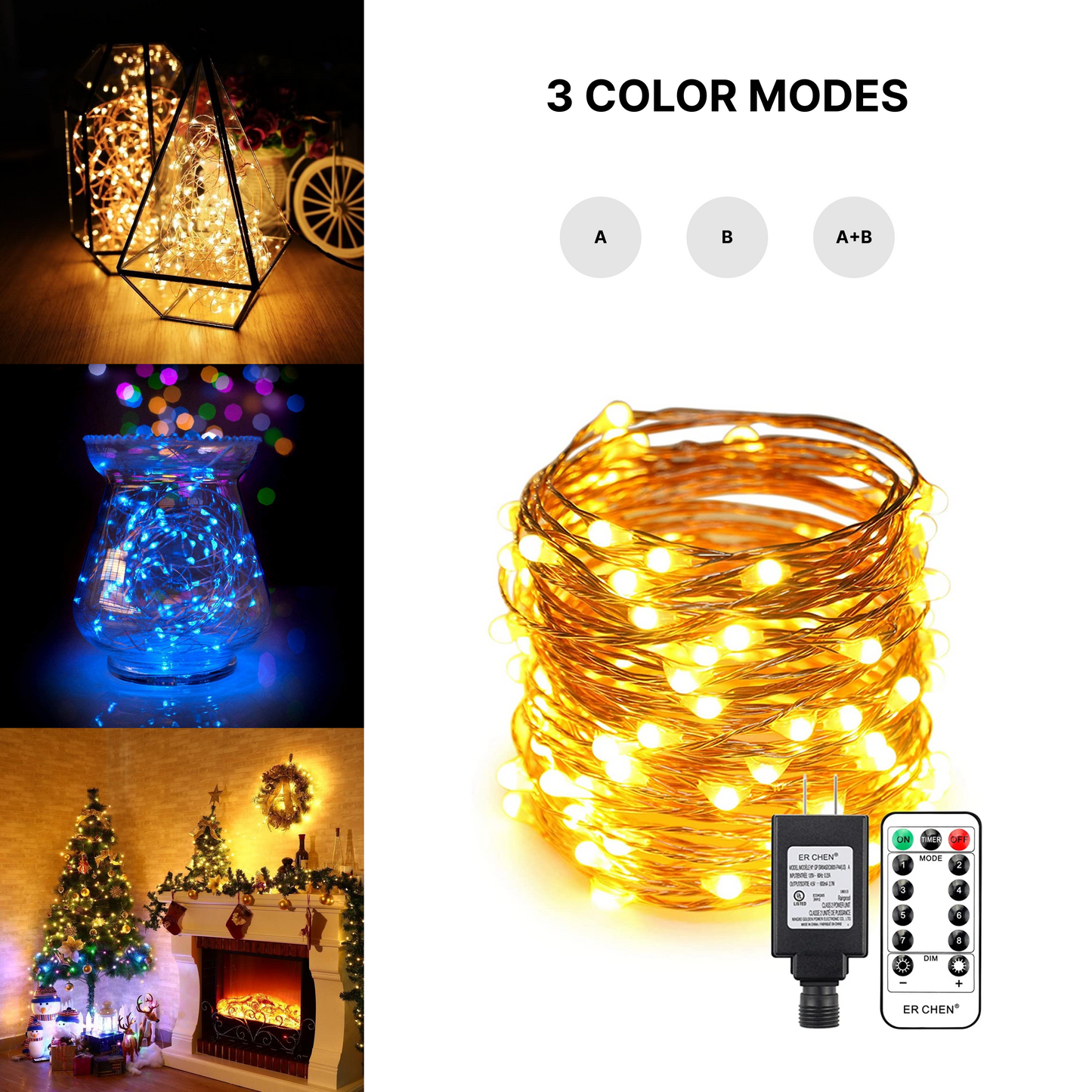 J - ER CHEN Fairy Lights 10 meters / 33ft 100 LED Dual Color 8 Modes Remote Control