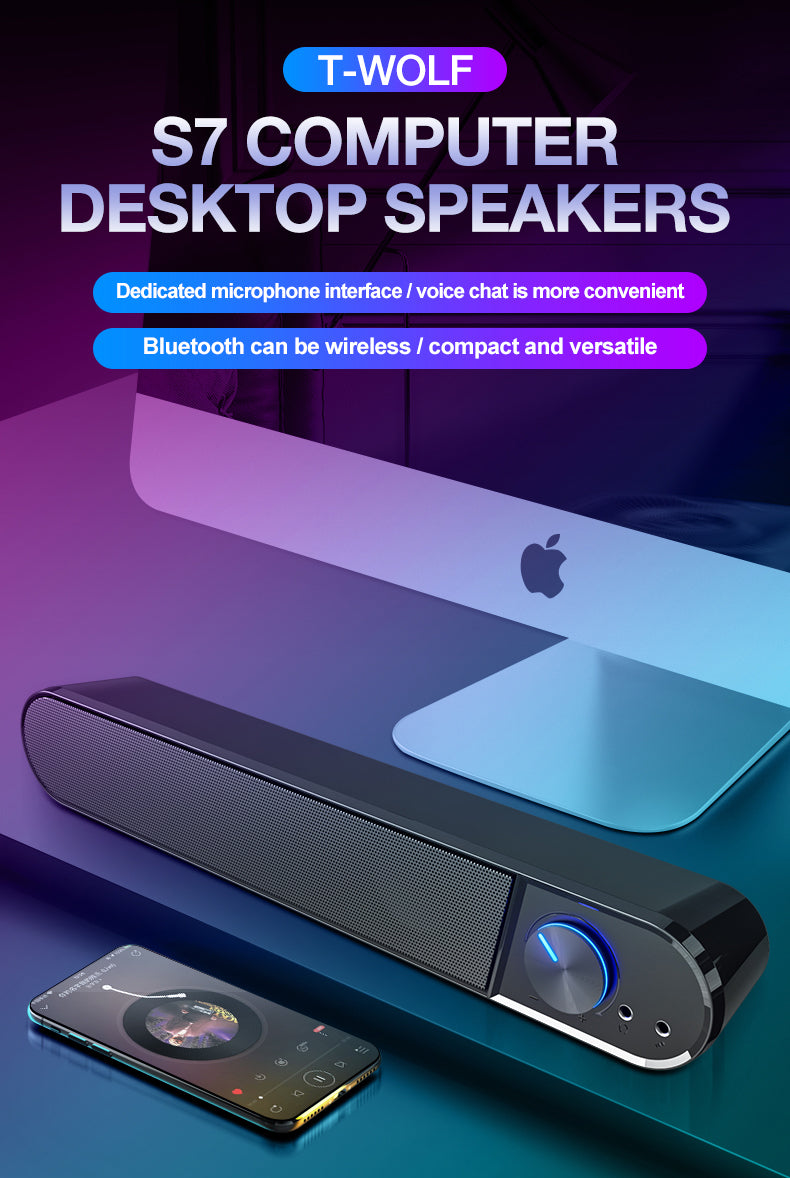 H - T-WOLF S7 Smart Bluetooth 4D Stereo Surround Sound Bar For Phone/ TV / Desktop Speaker Home Theatre Echos Wall With AUX U Disk TF Card Connection