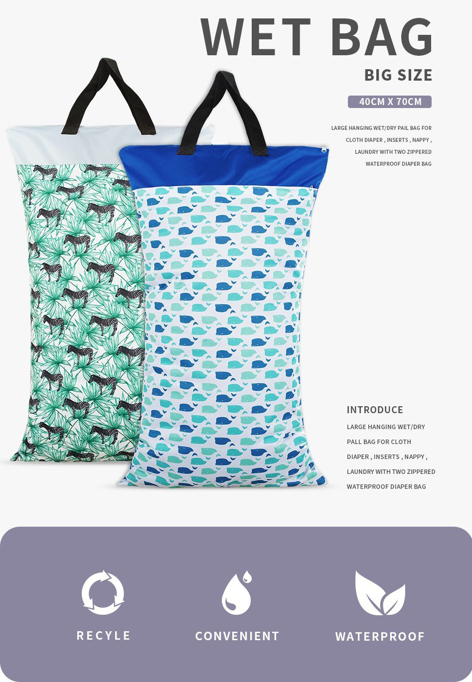 Yoga 1pc Hanging Large Wet Laundry Bag Double Zipper Waterproof 40x70cm Cloth diaper