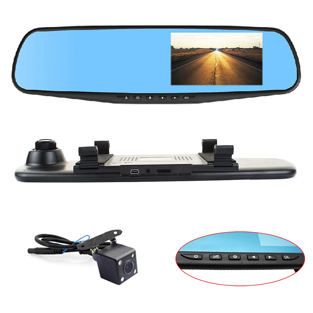 L - Dash Cam 4.3” Mirror Dash Cam Car Video Recorder Vehicle Blackbox DVR Rearview Dual Channel