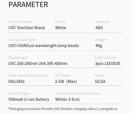 P - Travel size UV Sanitizer Wand USB Rechargeable UVC Sterilizer 99.9% Sterilization