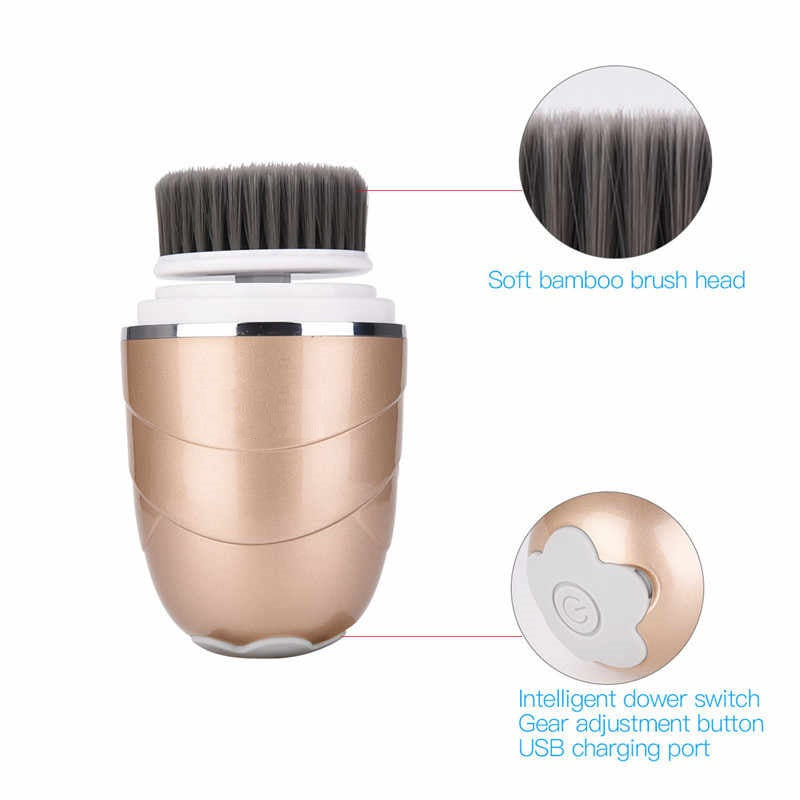 A - 3 in 1 Face Cleansing Rechargeable Rotating Brush Exfoliator Spin Facial Set Gold Pink Rose White