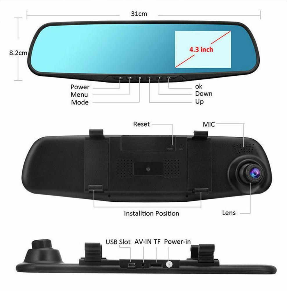 L - Dash Cam 4.3” Mirror Dash Cam Car Video Recorder Vehicle Blackbox DVR Rearview Dual Channel