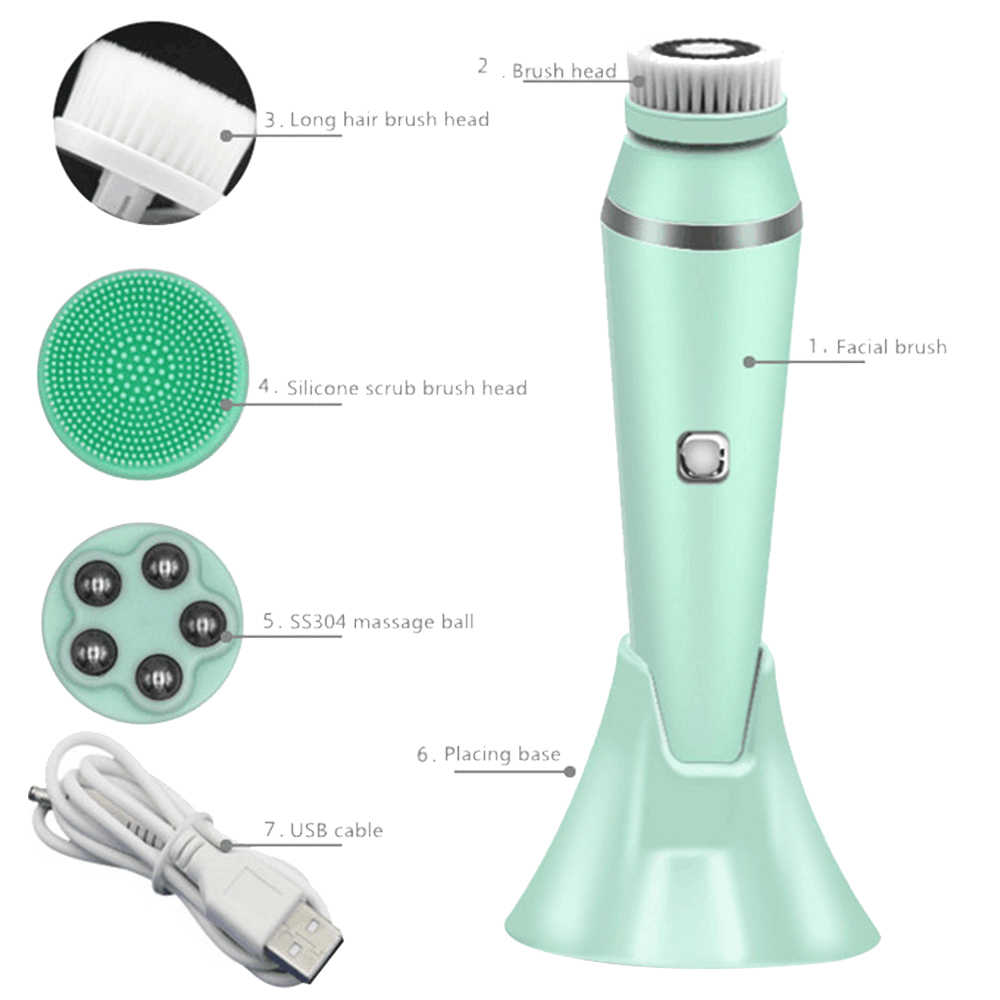 A - 4 in 1 Facial Cleansing Device Brush Set Rechargeable Spa Skin Care Exfoliator