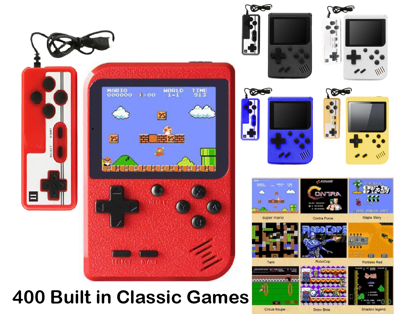 G - 400 Built in Retro Classic Video Games Handheld Console w/ 2 player Gift Set Black Red Blue Yellow and White