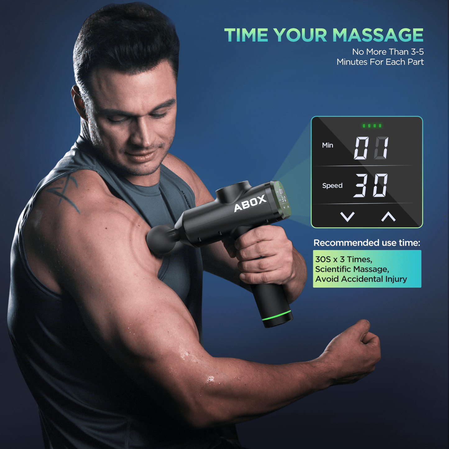 ABOX High Power Touch Screen Massage Gun Hero 1 With 6 Heads 30 Vibration Speed 10 Hours Battery Skin friendly ABS material