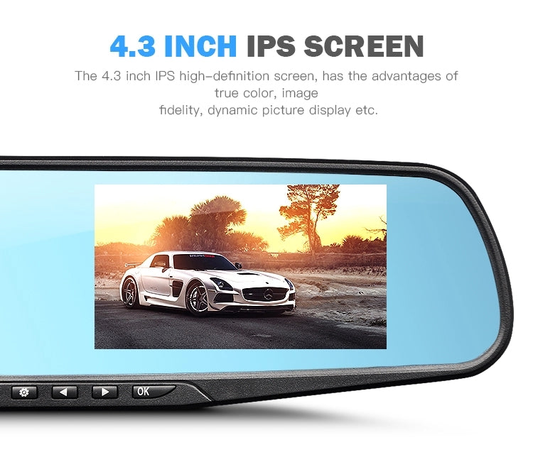 L - Dash Cam 4.3” Mirror Dash Cam Car Video Recorder Vehicle Blackbox DVR Rearview Dual Channel