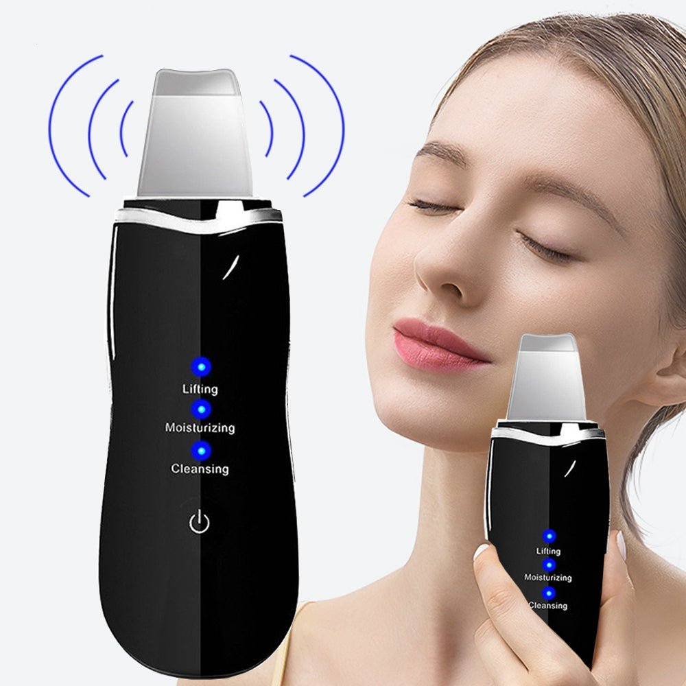 A - Black Ultrasonic Facial scrubber face spatula cleansing device blackhead remover