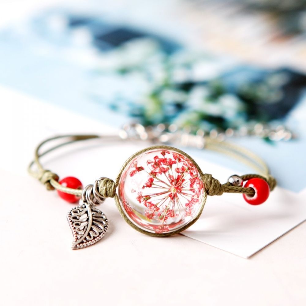 Z - Real Flower Glass Resin bead Preserved Dry Flowers Adjustable Bracelet Boho Friendship Gifts