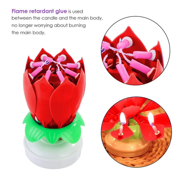 Pink Lotus Birthday Candle Musical Rotating Singing Music Happy BDay Flower Light Candles