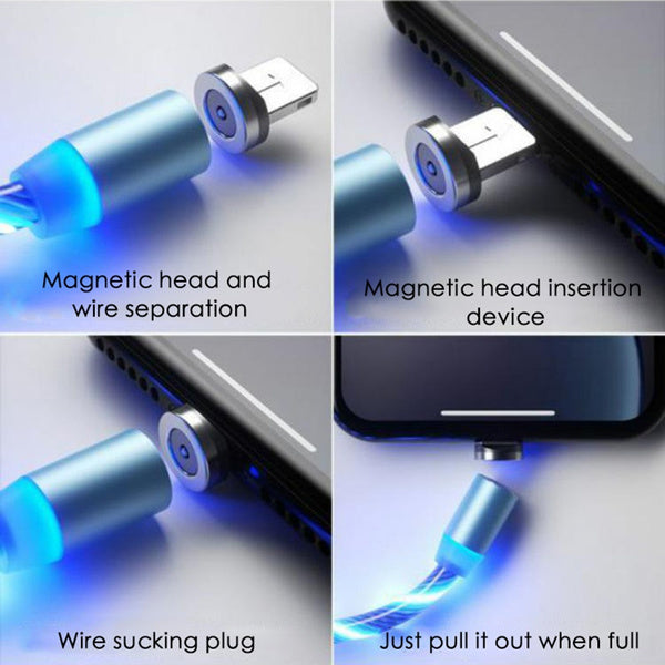 K - LED Fast Charging 3 In 1 Magnetic Cable Charger Lighning Type C Micro B Magnet Flowing Light Charging USB