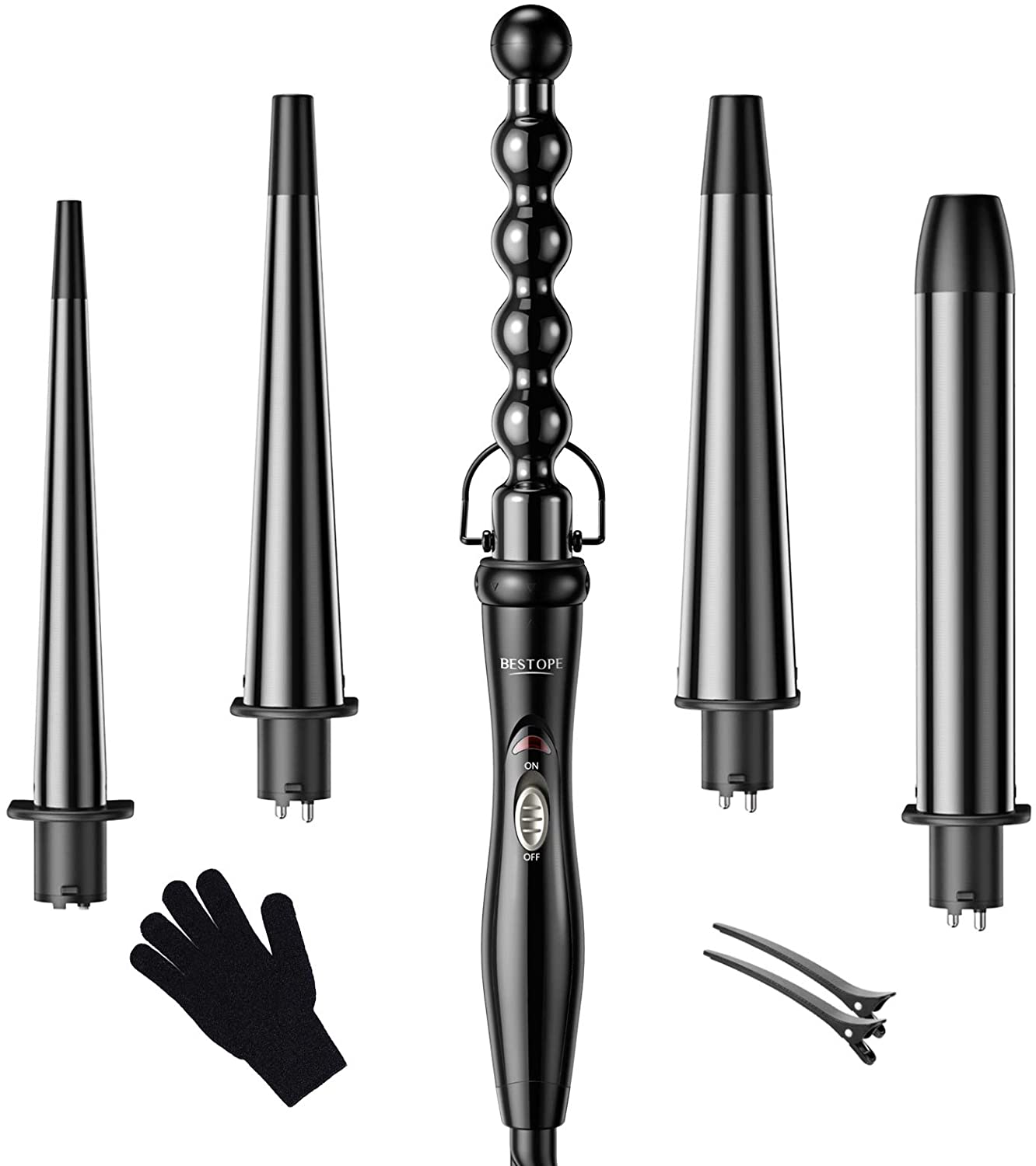 A - BESTOPE Professional 5-In-1 Hair Curling Wand Tourmaline Ceramic Interchangeable Barrels