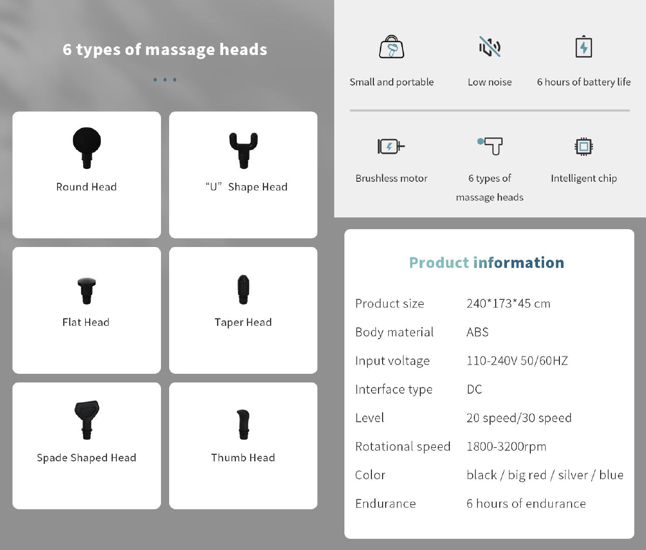 High power muscle massage gun vibration massager 6 heads 20 - 30 speeds with Skin friendly ABS material