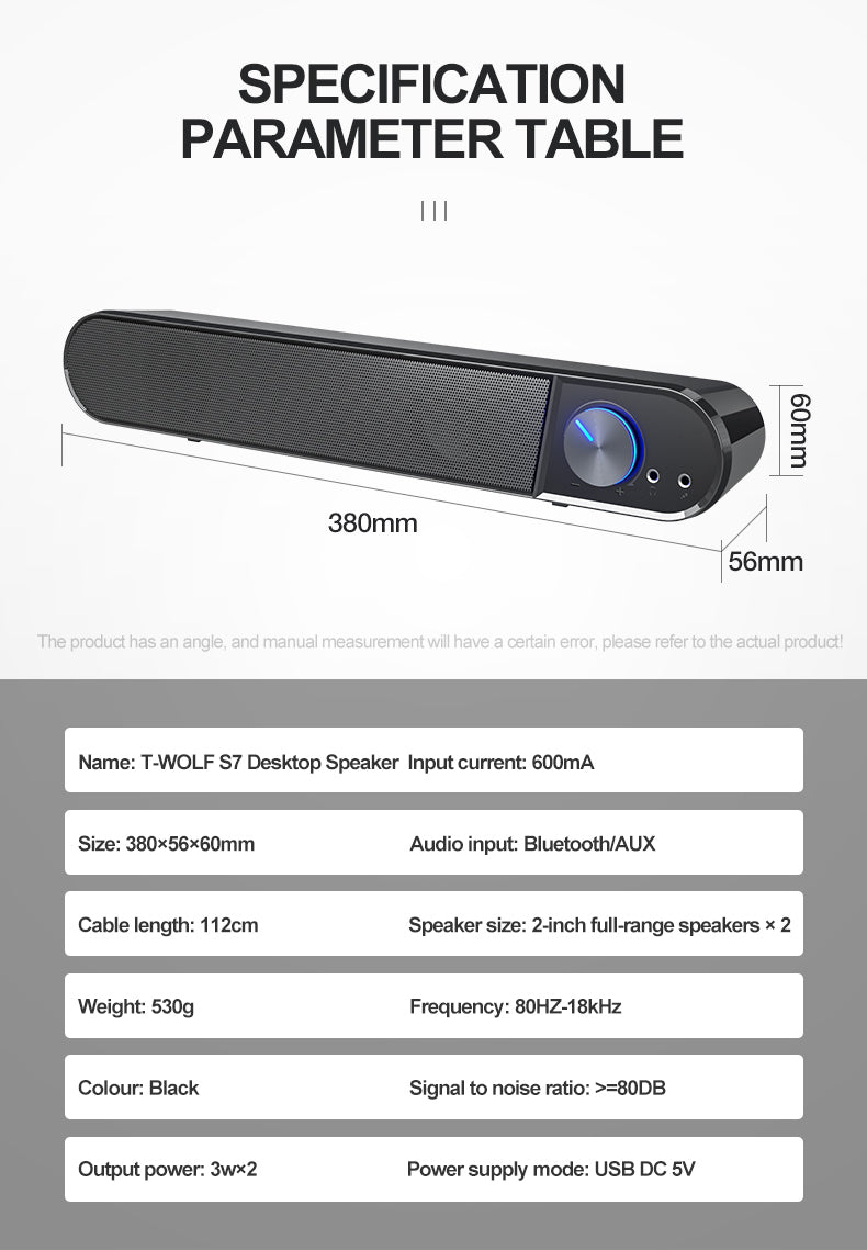 H - T-WOLF S7 Smart Bluetooth 4D Stereo Surround Sound Bar For Phone/ TV / Desktop Speaker Home Theatre Echos Wall With AUX U Disk TF Card Connection