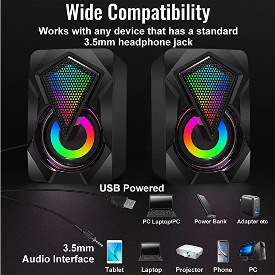 H - LeerFei Mini Digital Speaker USB Powered Subwoofer Multimedia With RGB LED Light For Gaming Desktop Laptop PC