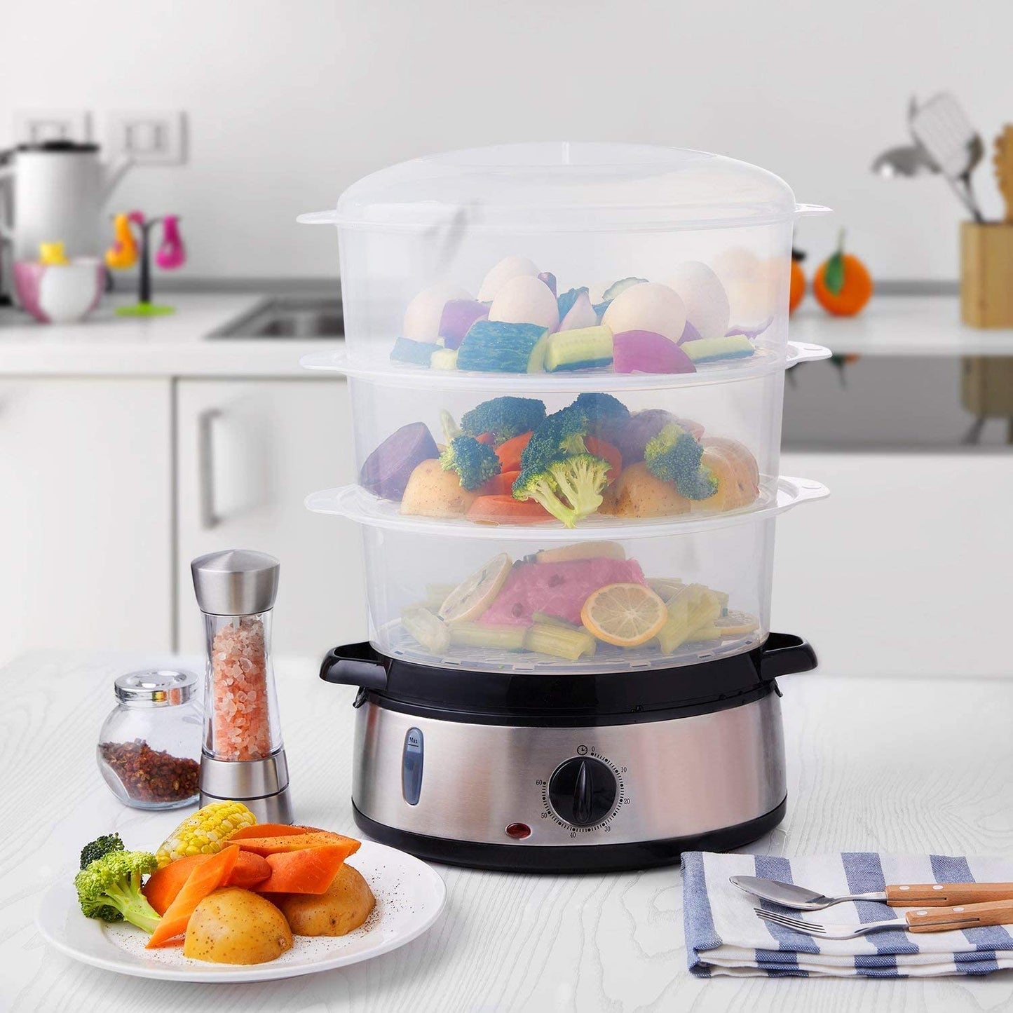 AICOK Electric Food Vegetable Steamer With 3-tier Stackable BPA-free Rice Bowl Makes Cooking Safe Elite Gourmet