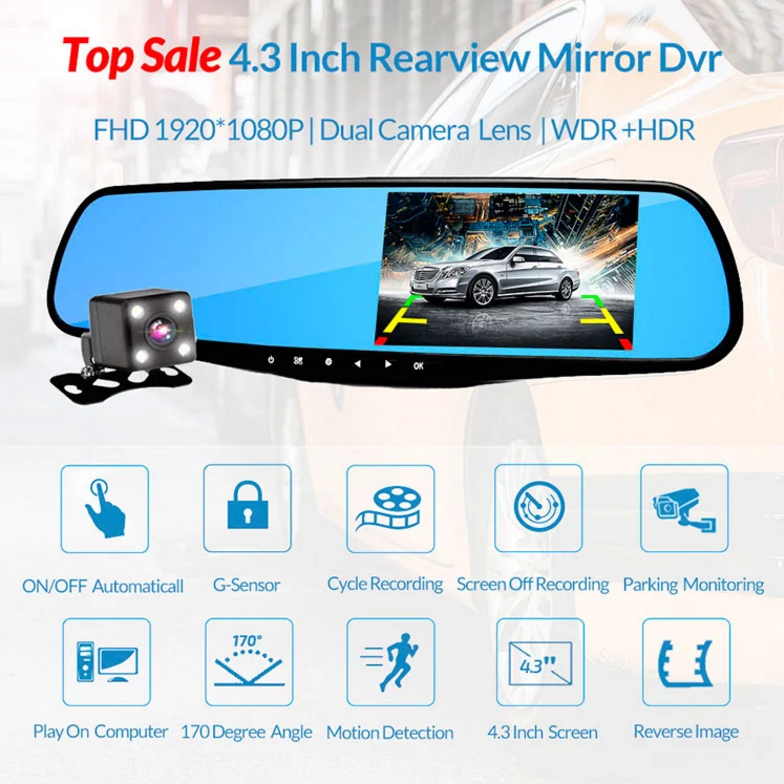 L - Dash Cam 4.3” Mirror Dash Cam Car Video Recorder Vehicle Blackbox DVR Rearview Dual Channel