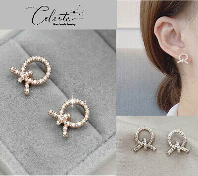A - Circle Bow Knot 18K Gold plated Diamond Cubic Zirconia Crystal Earrings 925 Sterling Silver Dainty Earring