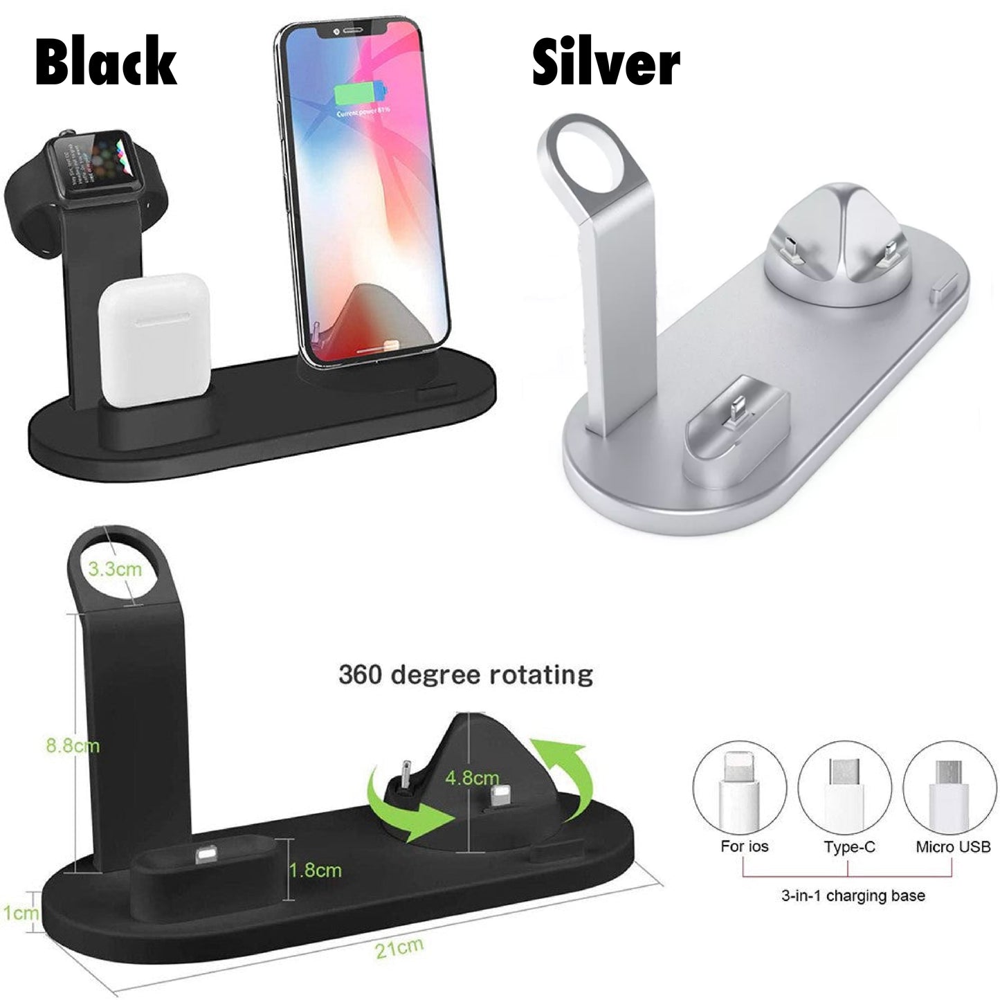 K - 3 in 1 Wireless Charger 15W Fast Charging Station for phones Android AirPods Apple Watch