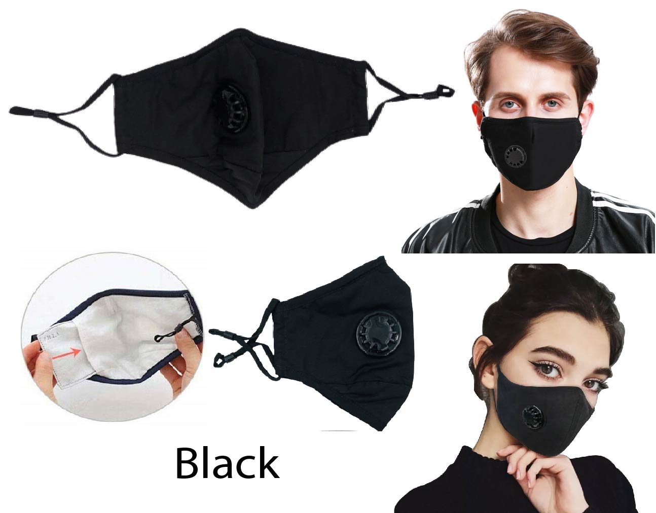 100% Cotton Cloth Black Face mask w/ Filter Choose 6 Colours Washable Adult