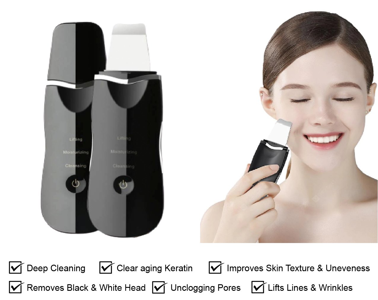 A - Black Ultrasonic Facial scrubber face spatula cleansing device blackhead remover