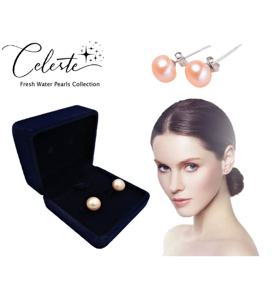 PD - Real Pearl Earrings Celeste Collections Pink Round Pearls Earring 925 Sterling Silver gift box