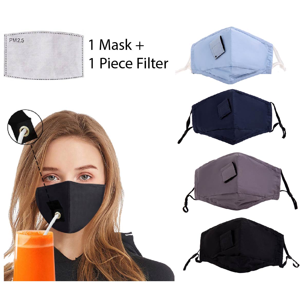 Cotton Face mask 1cm diameter opening for Straw face covering Choose from 4 colours