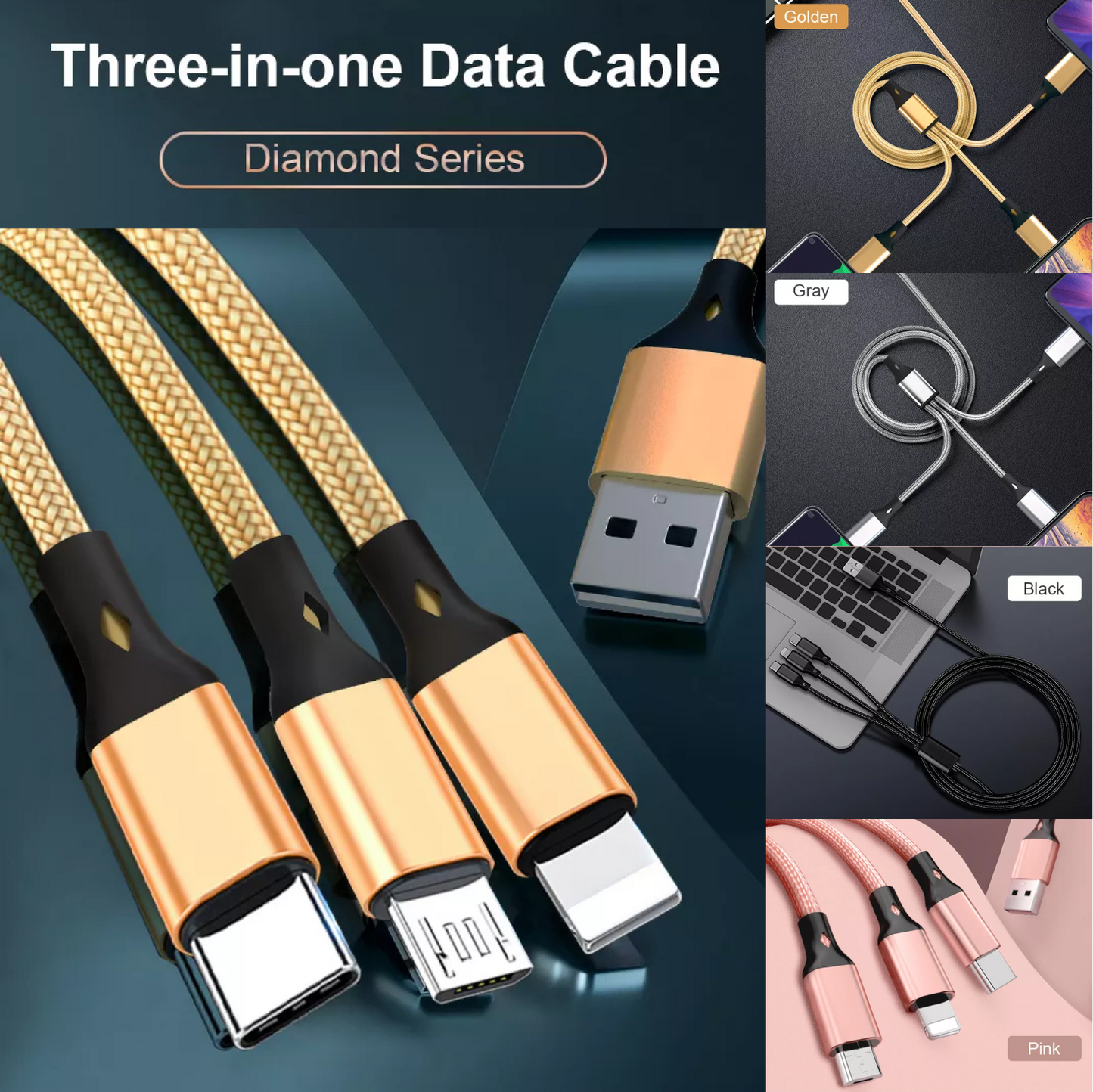 K - Nylon braid Mobile Micro 1.2M USB Cable 3 in 1 Phone Charging Cable