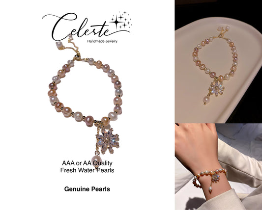 L - Daisy Charm Real Fresh Water Pearl Gold Bead Bracelets Gift