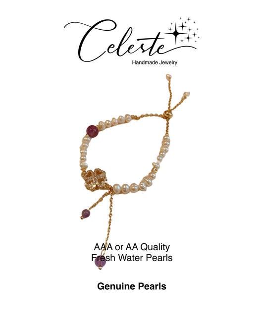L - Four Leaf Clover Real Fresh Water Pearl Gold Bead Bracelets Gift