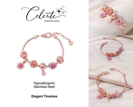 O - Luxury Snake Chain Rhinestone Flower Ball Charms Bracelet Hollow Ball Daisy Beaded Bracelet For Party