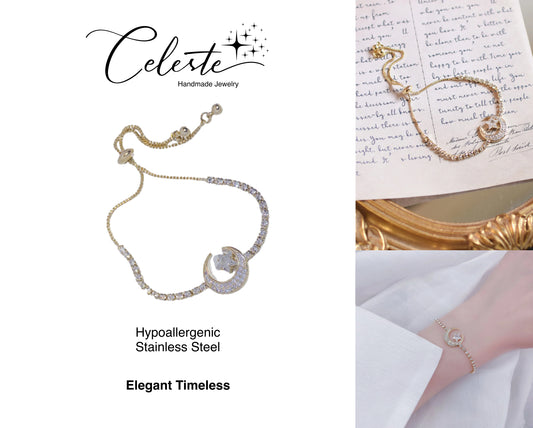 Q - Zircon Moon Star Bracelet Adjustable Bling Cubic Star Moon Charm Bracelet For Party