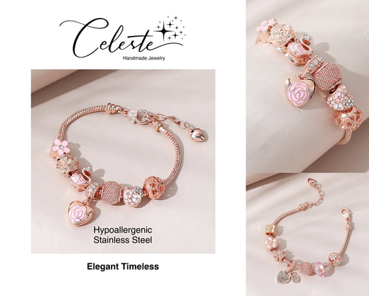 V - Beautiful Pink Color Oil Dripping Diamond Bead Flower Bracelet Adjustable Snake Chain Crystal Flower Love Heart Charm Bracelet