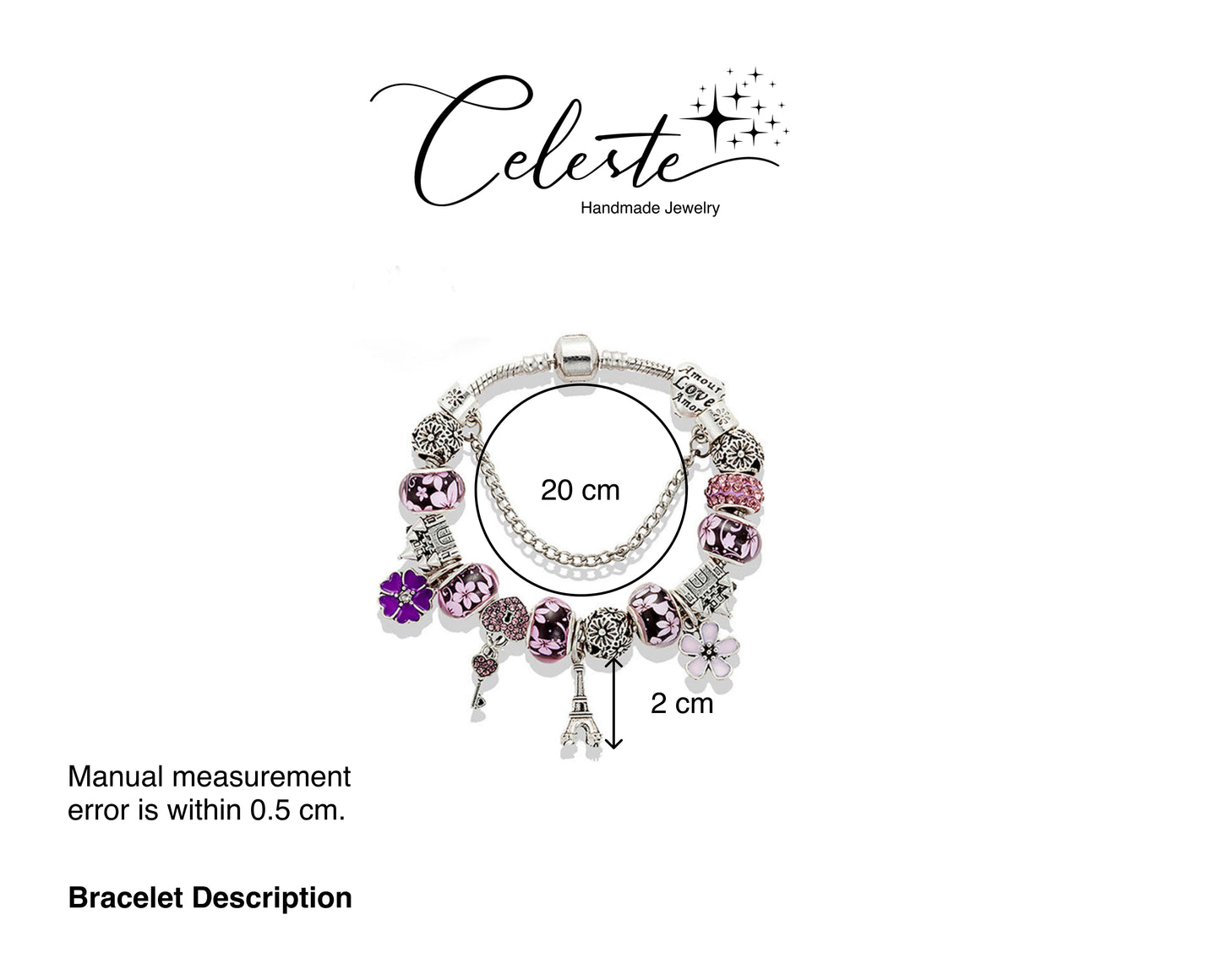 W - Romantic Glass Beaded Enamel Flower Charm Bracelet Crystal Heart Lock Key Tower Pendant Bracelet