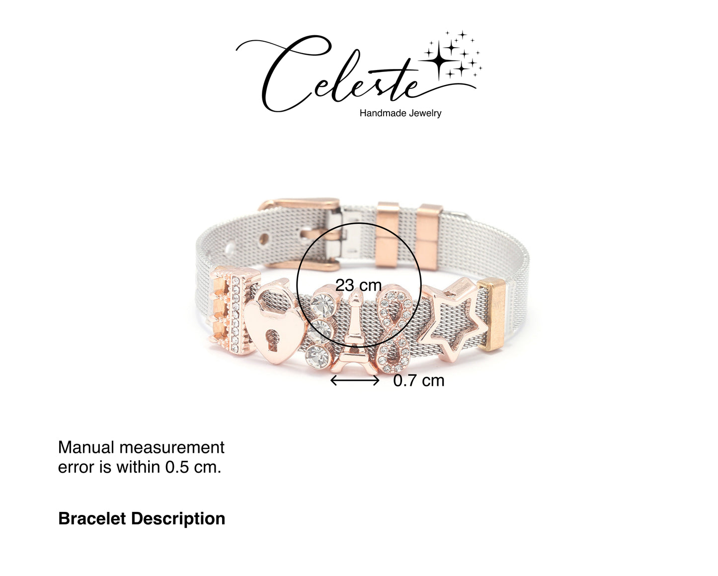T - Braided Stainless Steel Bracelet Eiffel Tower Heart Star Rhinestone Crystal Charm Bracelet