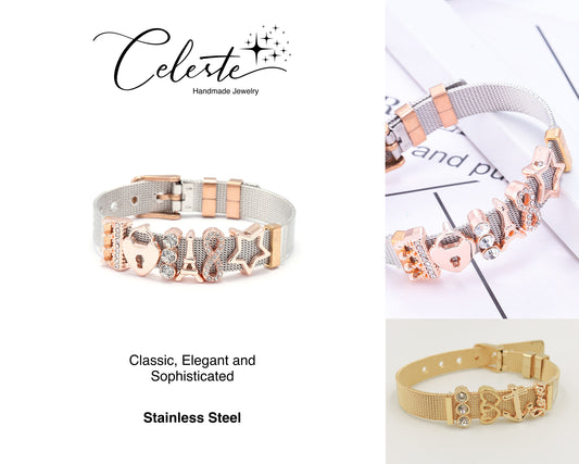 T - Braided Stainless Steel Bracelet Eiffel Tower Heart Star Rhinestone Crystal Charm Bracelet