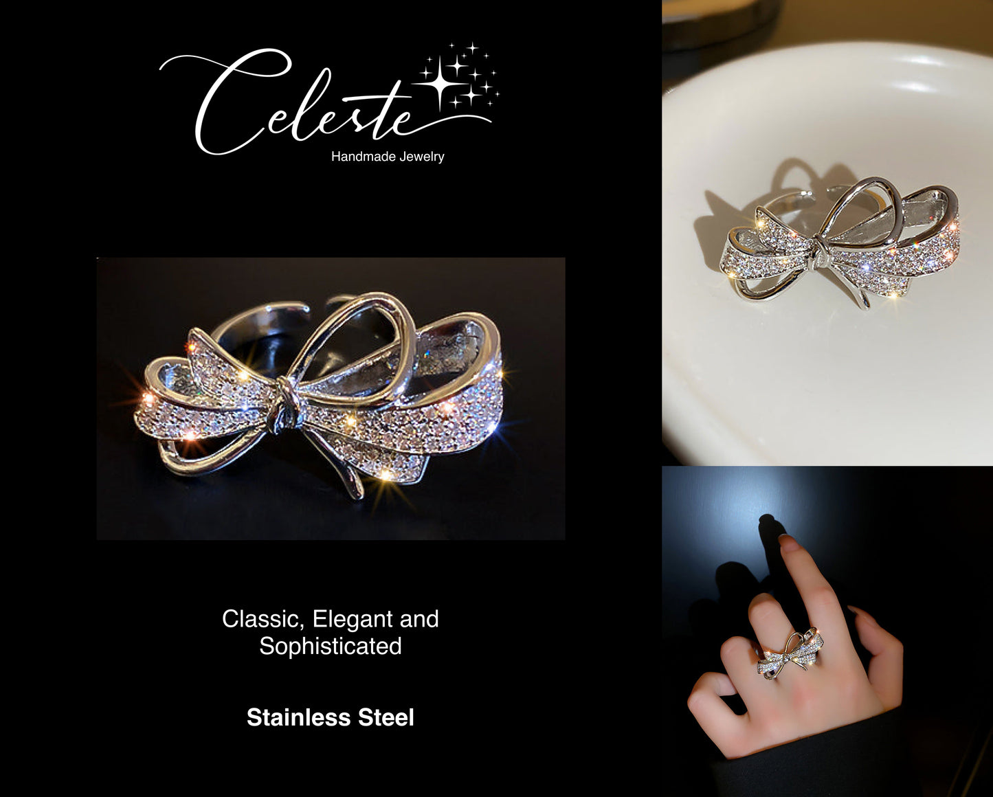 R - Fashion Trendy Bowknot Crystal Ring Jewelry Adjustable