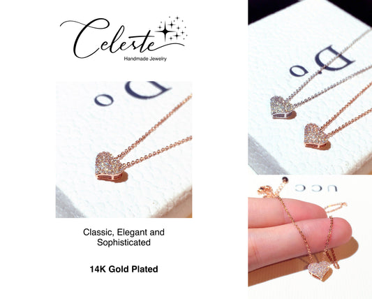 J - Heart Pendant Necklace 14K Gold Plated Rhinestone Diamond Necklace for Women Collar