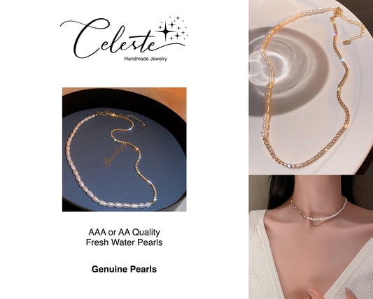 L - Crystal Splicing Baroque Pearl Necklace Freshwater Genuine Pearls