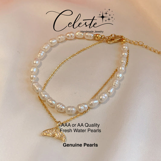 U - Whale Tail Real Fresh Water Pearl Gold Bead Bracelets Gift