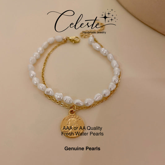 U - Golden Coin Real Fresh Water Pearl Gold Bead Bracelets Gift