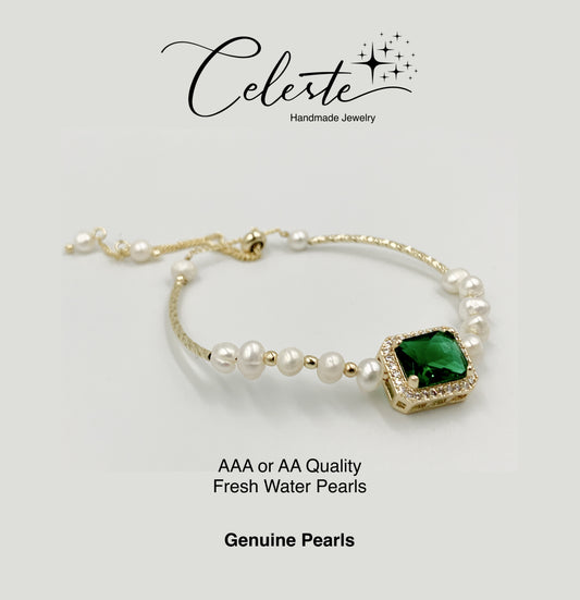U - Green Gem Real Fresh Water Pearl Gold Bead Bracelets Gift
