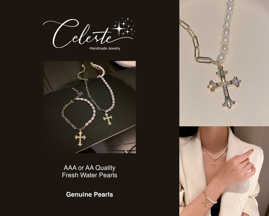 L - fashion trendy cross freshwater pearl womens necklace 2021