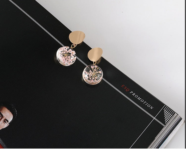 F - Pink Fireworks Real Flower Glass Pearl Gold Drop Earrings Fashion Jewellery Gift