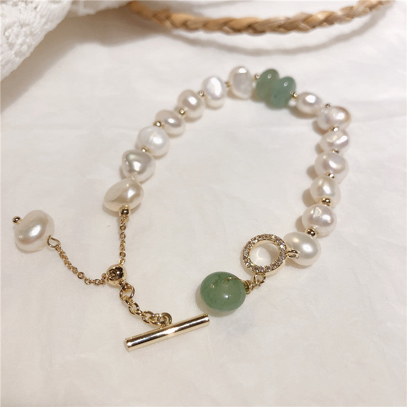 V - Real Jade & Fresh Water Pearl Crystal Charm Adjustable Bracelet Real Pearls White Baroque Gold Gift